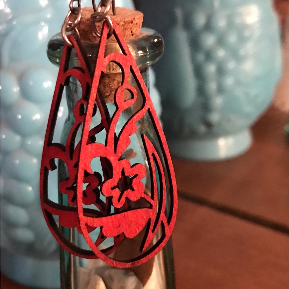 Red laser cut wooden earrings